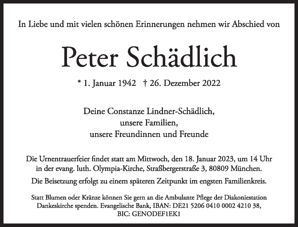  Traueranzeige für Peter Schädlich vom 14.01.2023 aus Süddeutsche Zeitung