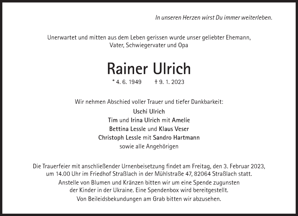  Traueranzeige für Rainer Ulrich vom 28.01.2023 aus Süddeutsche Zeitung