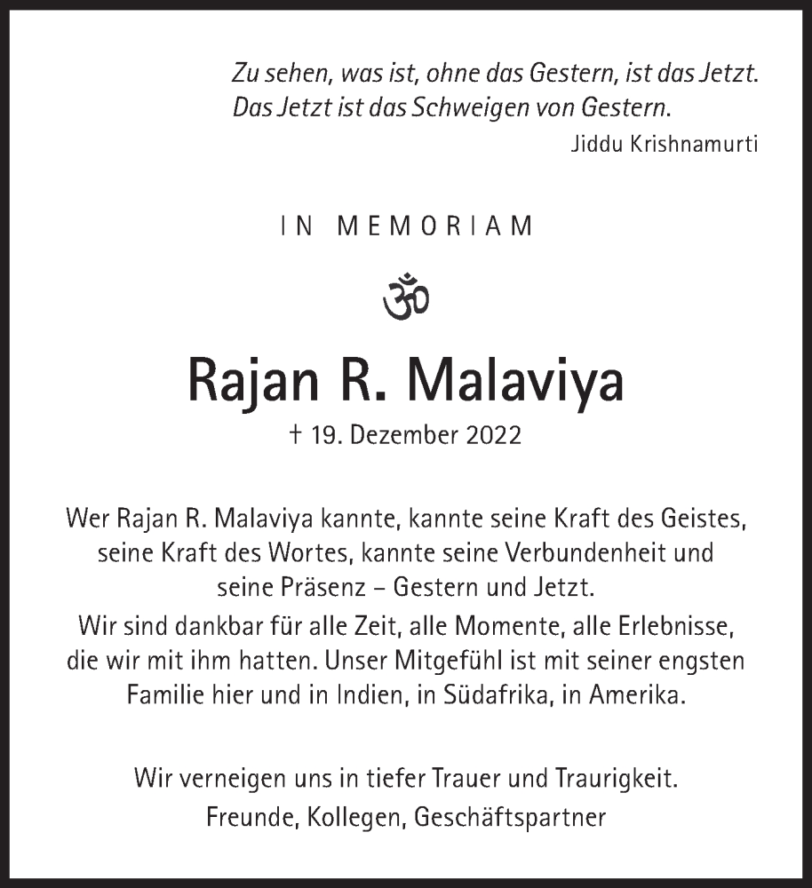  Traueranzeige für Rajan R. Malaviya vom 21.01.2023 aus Süddeutsche Zeitung