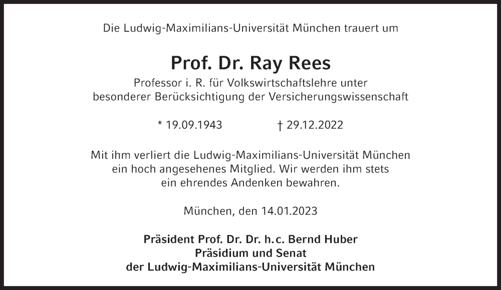  Traueranzeige für Ray Rees vom 14.01.2023 aus Süddeutsche Zeitung