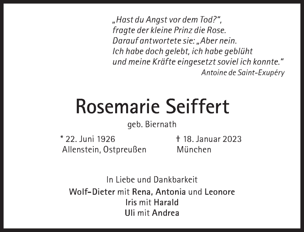  Traueranzeige für Rosemarie Seiffert vom 21.01.2023 aus Süddeutsche Zeitung