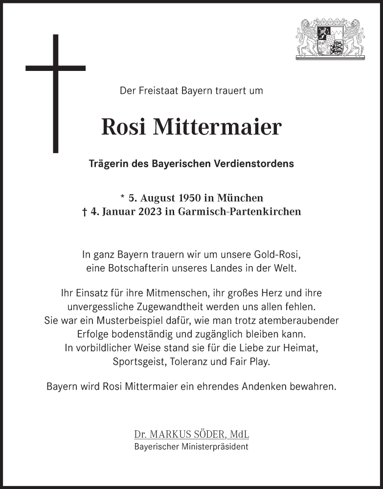  Traueranzeige für Rosi Mittermaier-Neureuther vom 10.01.2023 aus Süddeutsche Zeitung