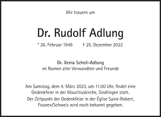 Traueranzeige von Rudolf Adlung von Süddeutsche Zeitung
