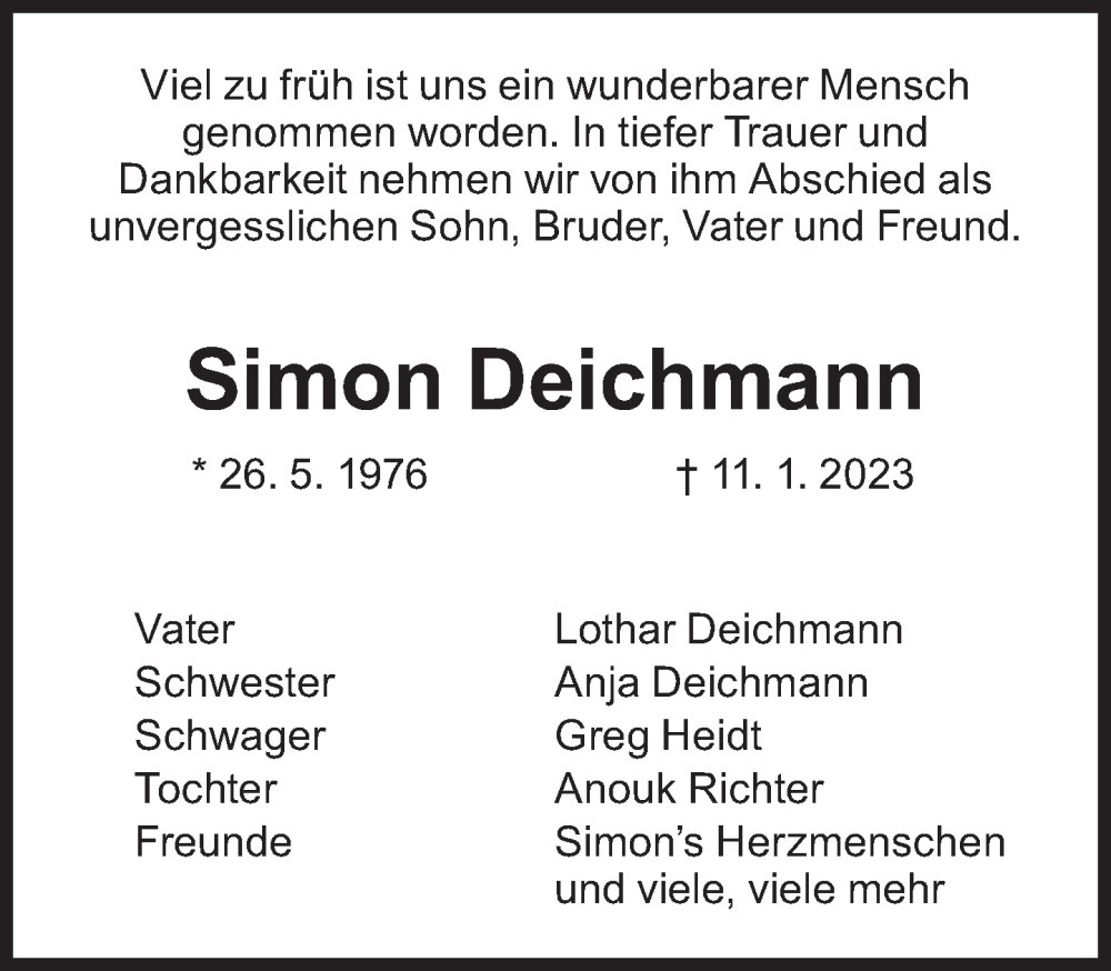  Traueranzeige für Simon Deichmann vom 14.01.2023 aus Süddeutsche Zeitung
