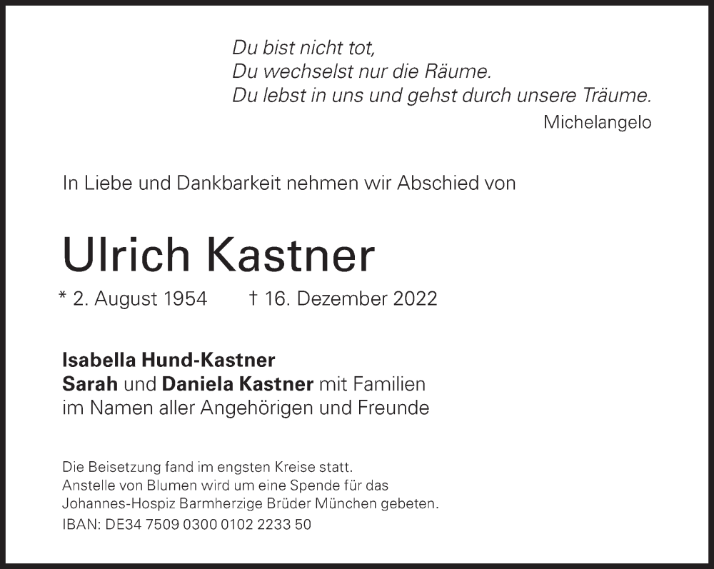  Traueranzeige für Ulrich Kastner vom 07.01.2023 aus Süddeutsche Zeitung