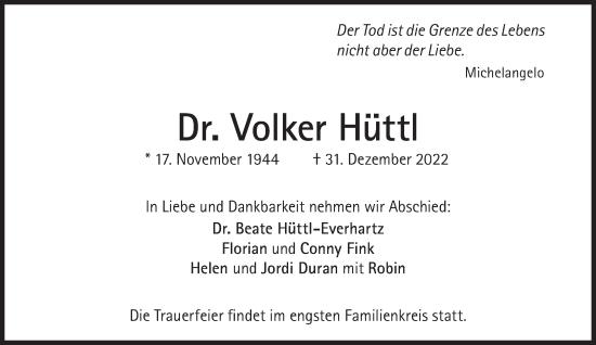 Traueranzeige von Volker Hüttl von Süddeutsche Zeitung