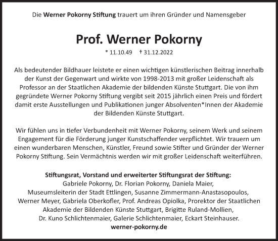 Traueranzeige von Werner Pokorny von Süddeutsche Zeitung