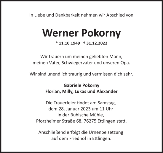 Traueranzeige von Werner Pokorny von Süddeutsche Zeitung