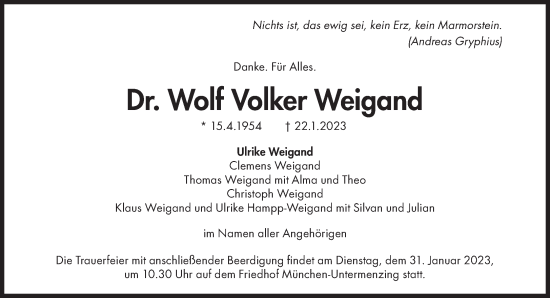 Traueranzeige von Wolf Volker Weigand von Süddeutsche Zeitung
