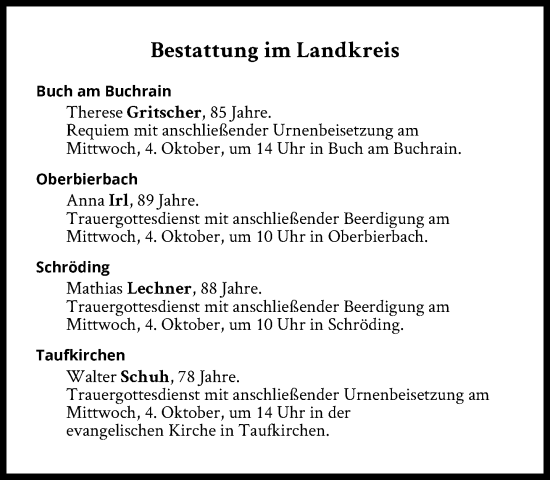 Traueranzeige von Bestattungen vom 04.10.2023 von Süddeutsche Zeitung