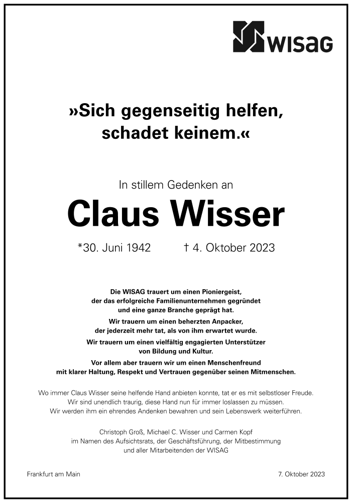  Traueranzeige für Claus Wisser vom 07.10.2023 aus SÜDDEUTSCHE ZEITUNG