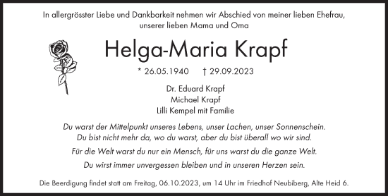 Traueranzeige von Helga-Maria Krapf von Süddeutsche Zeitung