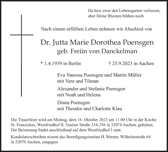 Traueranzeige von Jutta Marie Dorothea Poensgen von Süddeutsche Zeitung