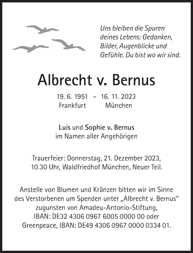  Traueranzeige für Albrecht v. Bernus vom 25.11.2023 aus Süddeutsche Zeitung