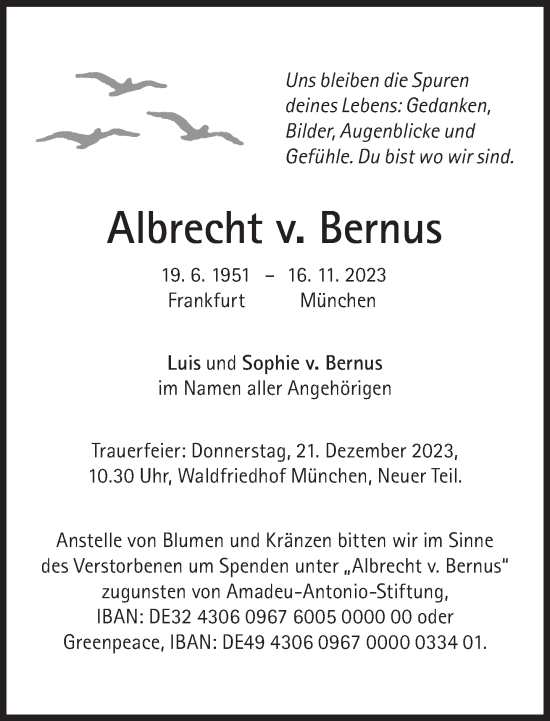 Traueranzeige von Albrecht v. Bernus von Süddeutsche Zeitung
