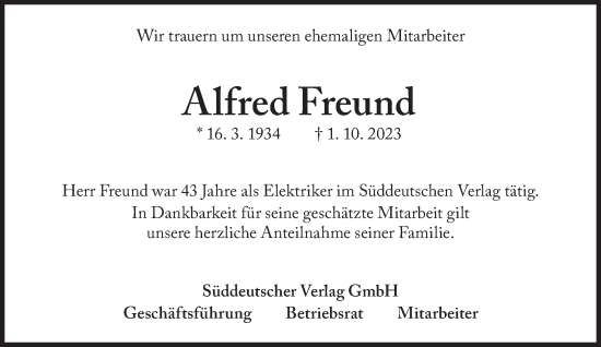Traueranzeige von Alfred Freund von Süddeutsche Zeitung