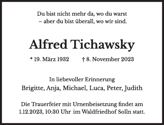 Traueranzeige von Alfred Tichawsky von Süddeutsche Zeitung