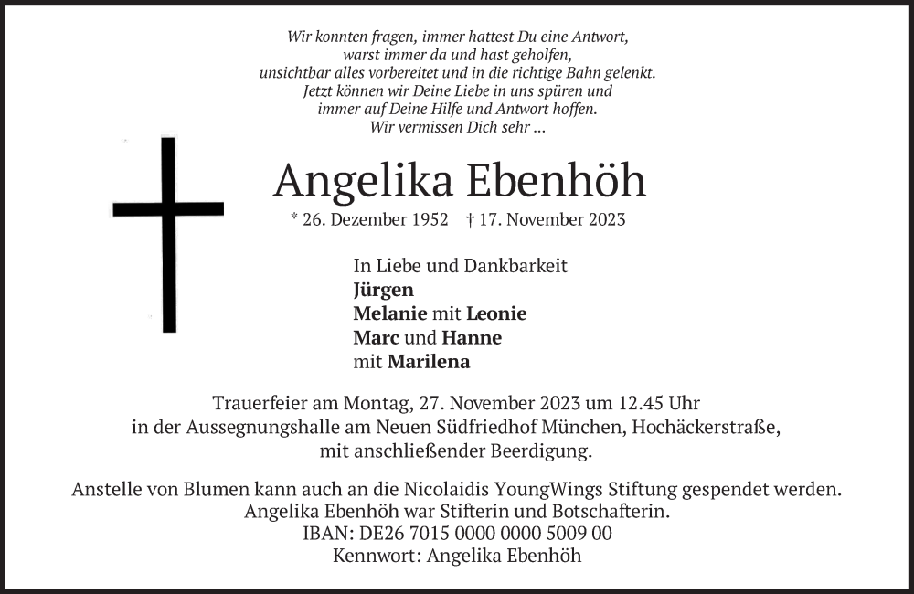  Traueranzeige für Angelika Ebenhöh vom 21.11.2023 aus Süddeutsche Zeitung