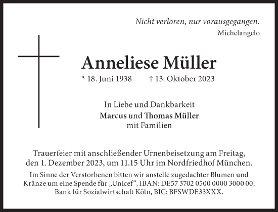 Traueranzeige von Anneliese Müller von Süddeutsche Zeitung