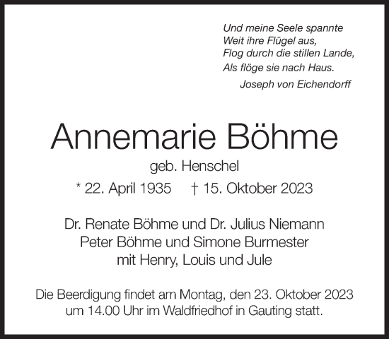 Traueranzeige von Annemarie Böhme von Süddeutsche Zeitung