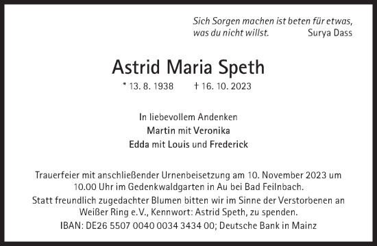 Traueranzeige von Astrid Maria Speth von Süddeutsche Zeitung