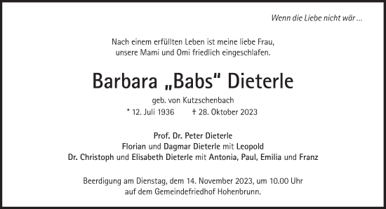 Traueranzeige von Barbara Dieterle von Süddeutsche Zeitung