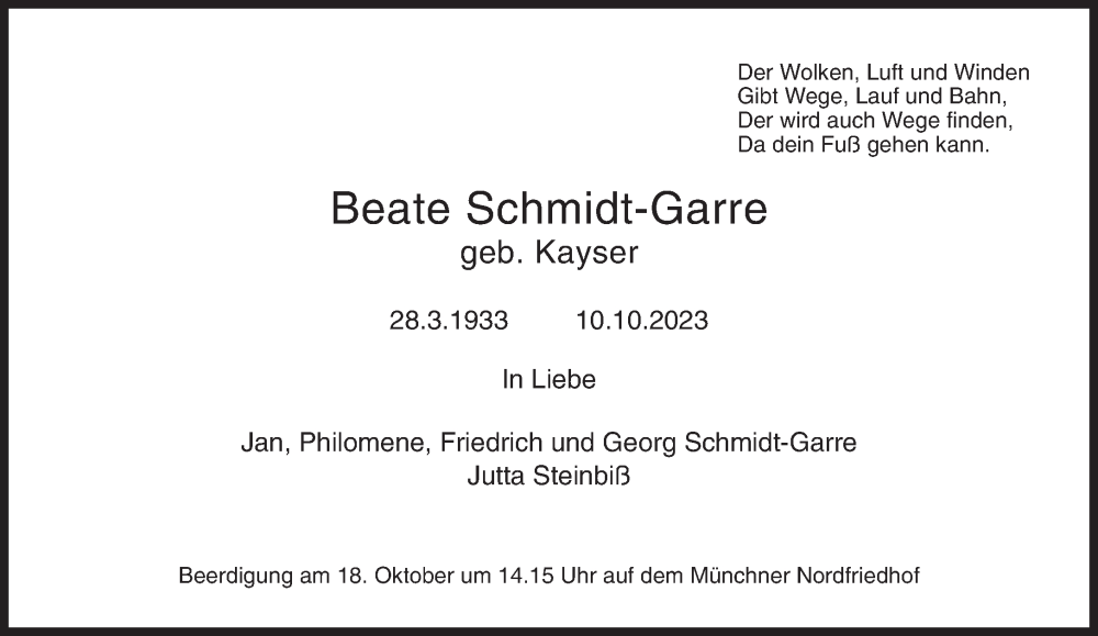  Traueranzeige für Beate Schmidt-Garre vom 14.10.2023 aus Süddeutsche Zeitung
