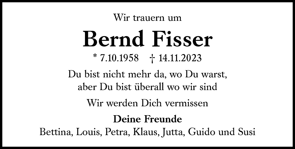  Traueranzeige für Bernd Fisser vom 18.11.2023 aus Süddeutsche Zeitung
