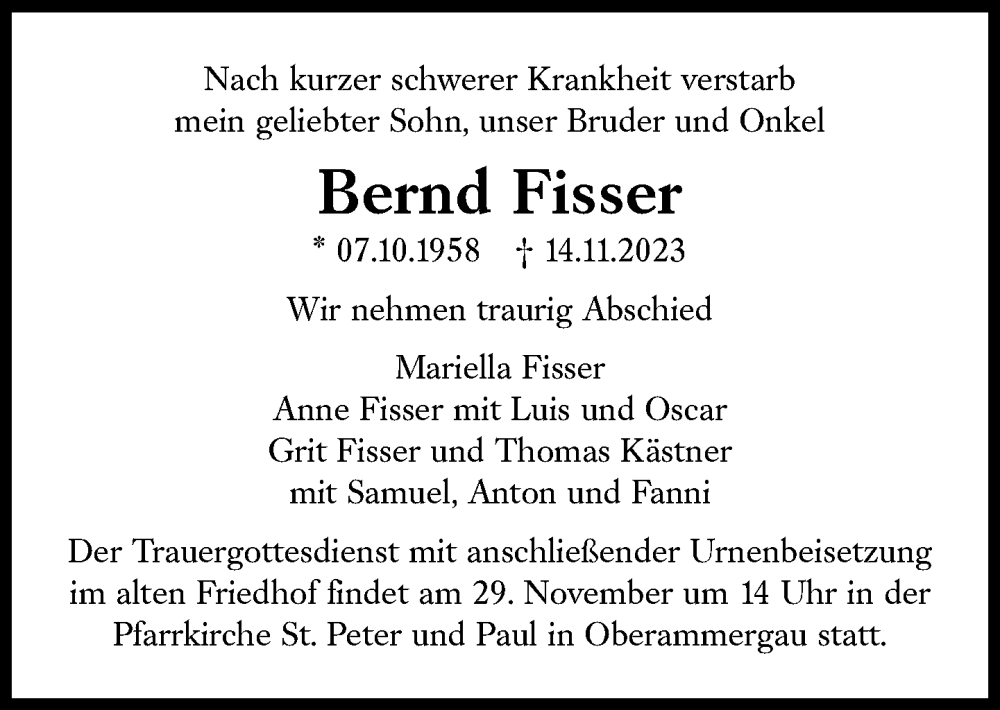  Traueranzeige für Bernd Fisser vom 25.11.2023 aus Süddeutsche Zeitung