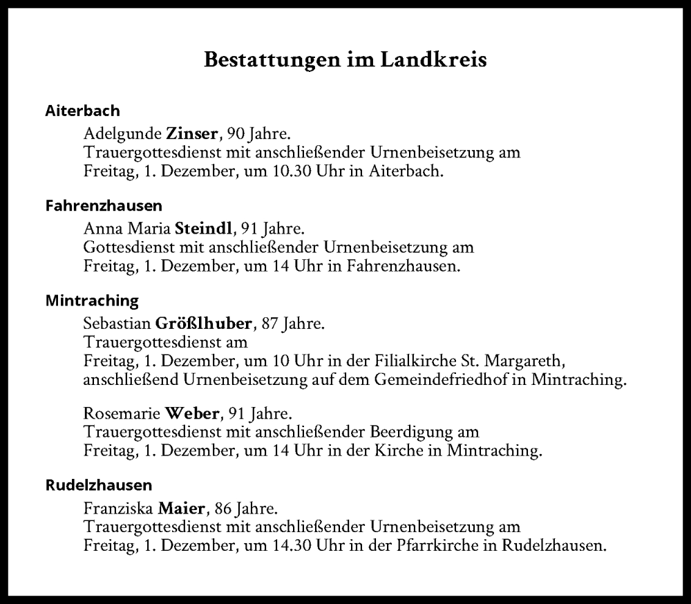  Traueranzeige für Bestattungen vom 01.12.2023 vom 01.12.2023 aus Süddeutsche Zeitung