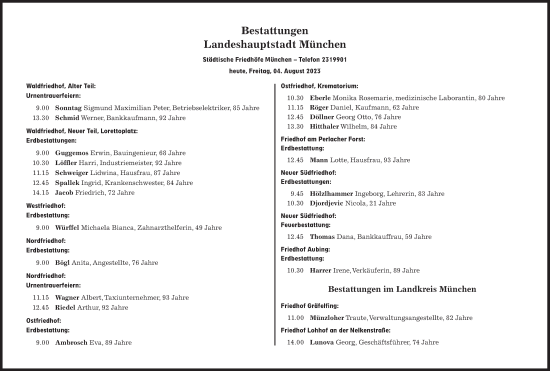 Traueranzeige von Bestattungen vom 04.08.2023 von Süddeutsche Zeitung