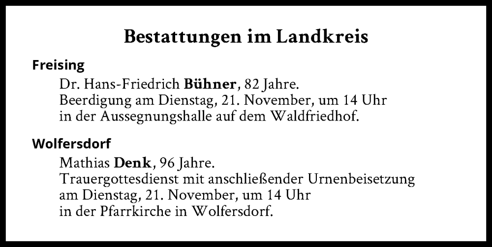  Traueranzeige für Bestattungen vom 21.11.2023 vom 21.11.2023 aus Süddeutsche Zeitung