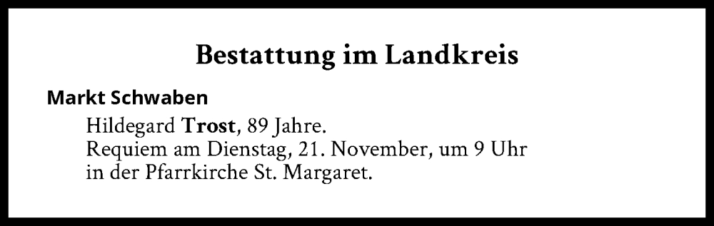  Traueranzeige für Bestattungen vom 21.11.2023 vom 21.11.2023 aus Süddeutsche Zeitung