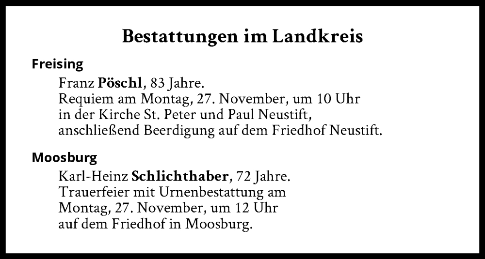  Traueranzeige für Bestattungen vom 27.11.2023 vom 27.11.2023 aus Süddeutsche Zeitung