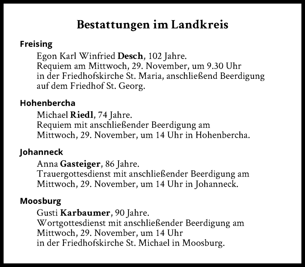  Traueranzeige für Bestattungen vom 29.11.2023 vom 29.11.2023 aus Süddeutsche Zeitung