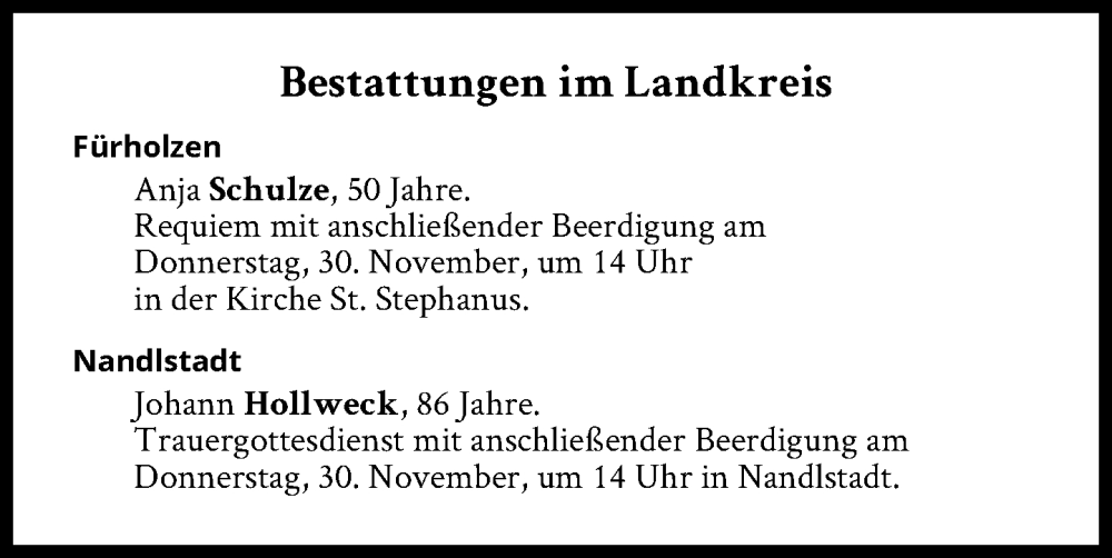  Traueranzeige für Bestattungen vom 30.11.2023 vom 30.11.2023 aus Süddeutsche Zeitung