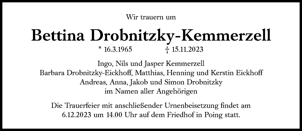  Traueranzeige für Bettina Drobnitzky-Kemmerzell vom 29.11.2023 aus Süddeutsche Zeitung
