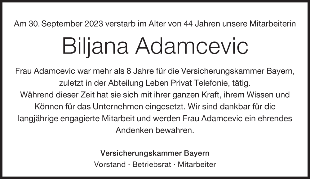  Traueranzeige für Biljana Adamcevic vom 07.10.2023 aus Süddeutsche Zeitung
