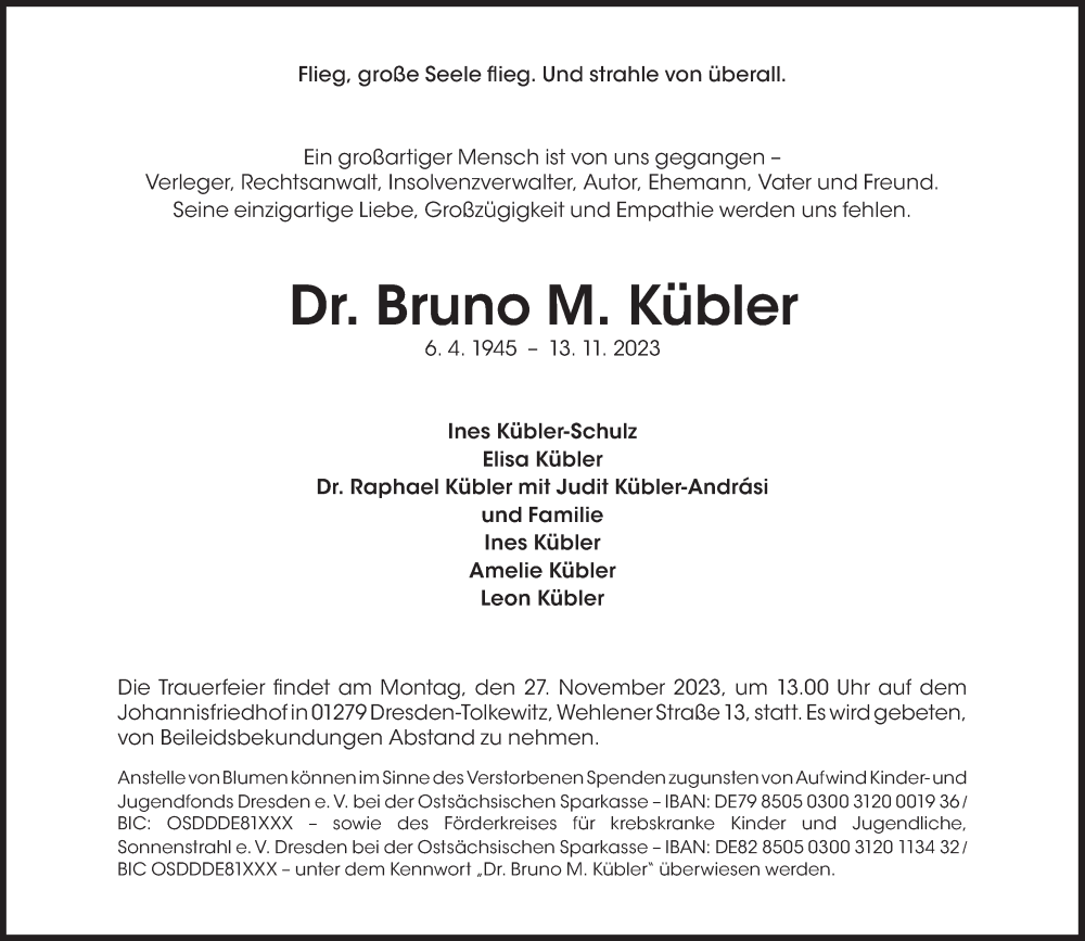  Traueranzeige für Bruno M. Kübler vom 18.11.2023 aus Süddeutsche Zeitung