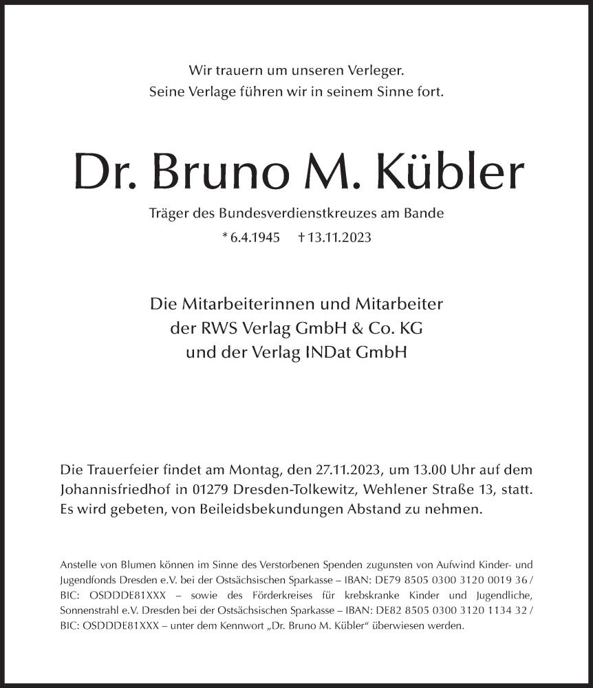  Traueranzeige für Bruno M. Kübler vom 22.11.2023 aus Süddeutsche Zeitung