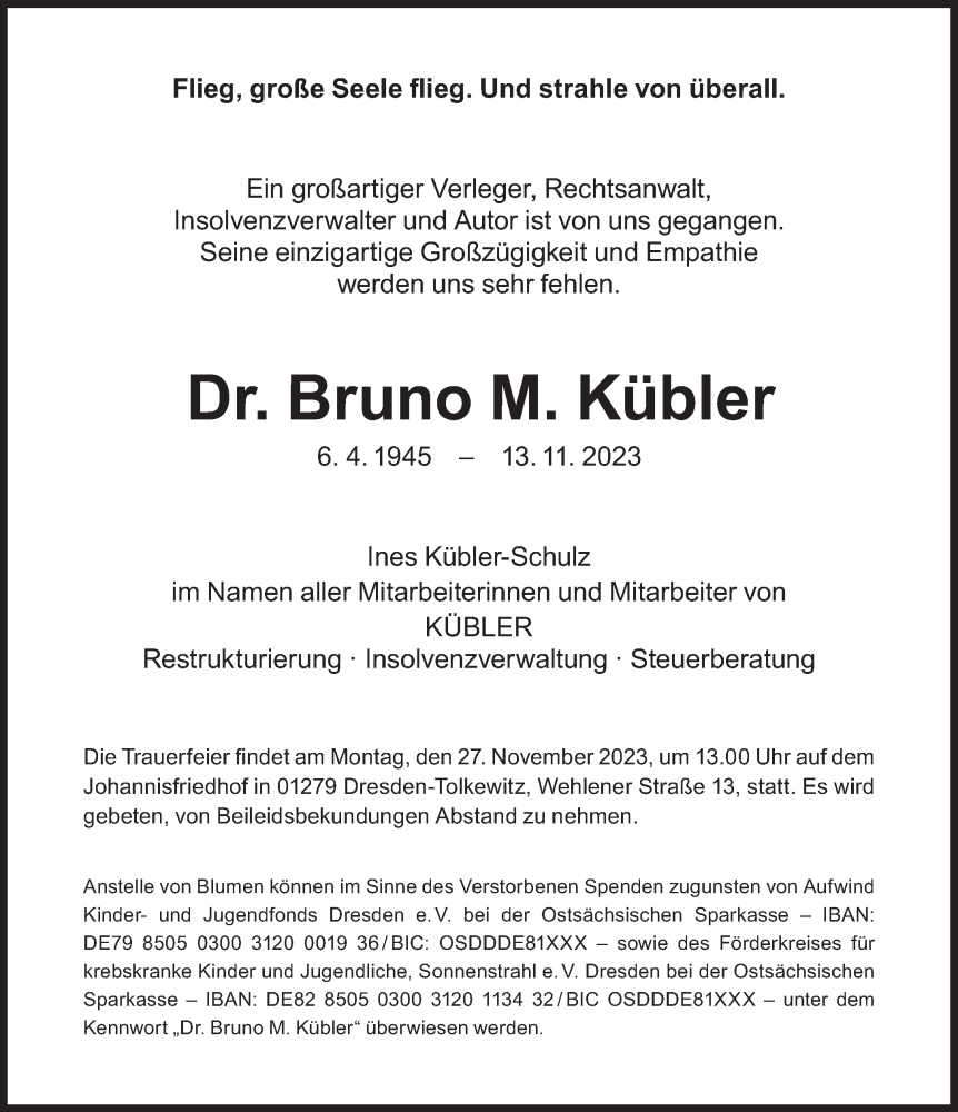  Traueranzeige für Bruno M. Kübler vom 18.11.2023 aus Süddeutsche Zeitung