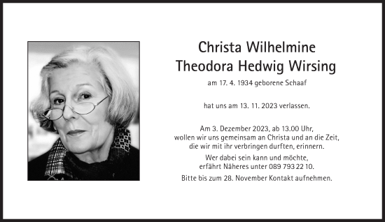 Traueranzeige von Christa Wilhelmine Theodora Hedwig Wirsing von Süddeutsche Zeitung