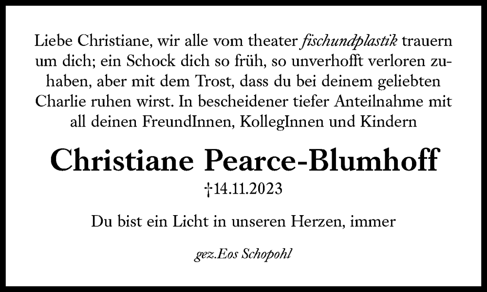  Traueranzeige für Christiane Pearce-Blumhoff vom 18.11.2023 aus Süddeutsche Zeitung
