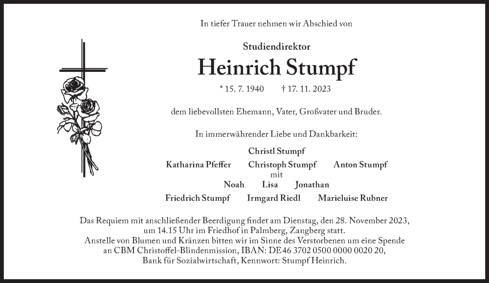  Traueranzeige für Heinrich Stumpf vom 22.11.2023 aus Süddeutsche Zeitung