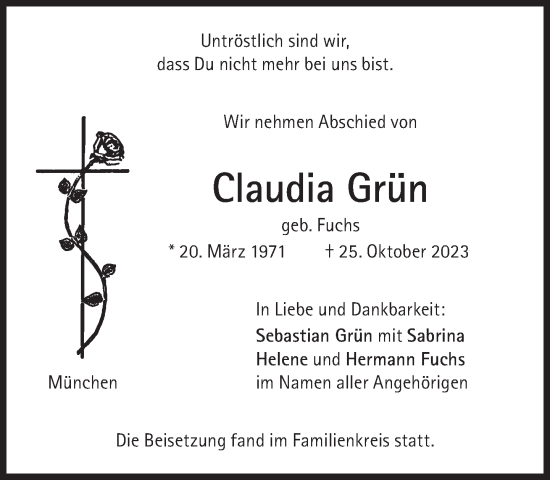 Traueranzeige von Claudia Grün von Süddeutsche Zeitung