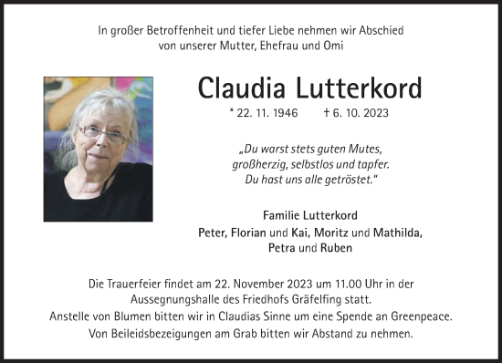 Traueranzeige von Claudia Lutterkord von Süddeutsche Zeitung