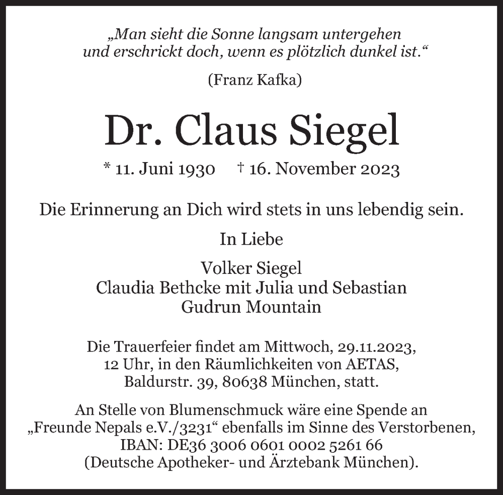  Traueranzeige für Claus Siegel vom 25.11.2023 aus Süddeutsche Zeitung