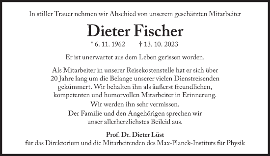 Traueranzeige von Dieter Fischer von Süddeutsche Zeitung