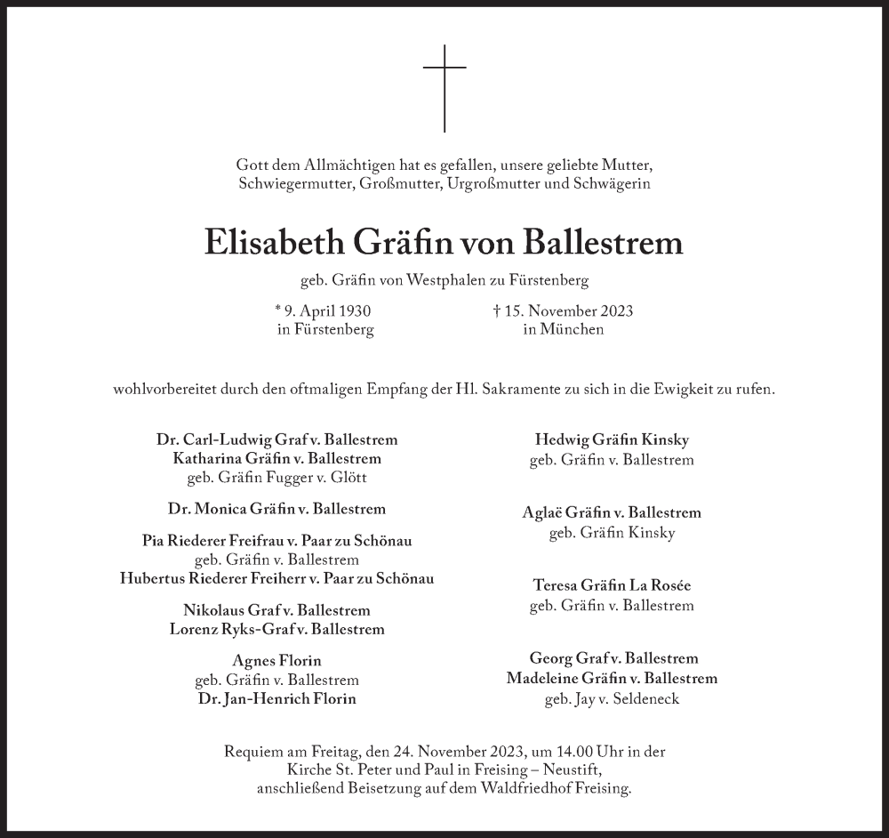  Traueranzeige für Elisabeth Gräfin von Ballestrem vom 21.11.2023 aus Süddeutsche Zeitung