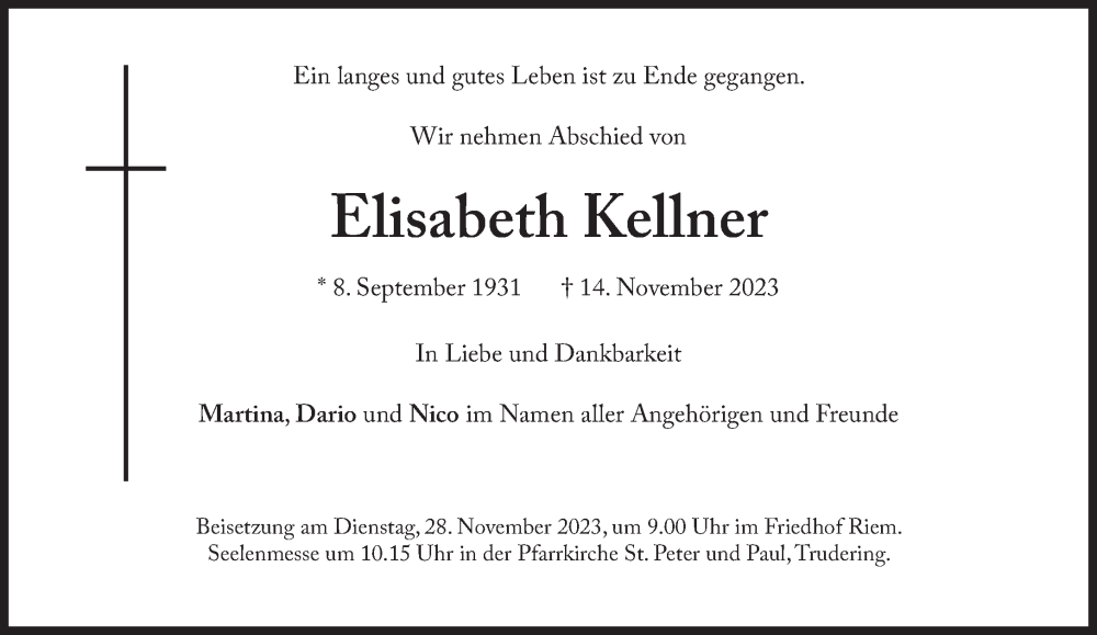  Traueranzeige für Elisabeth Kellner vom 18.11.2023 aus Süddeutsche Zeitung